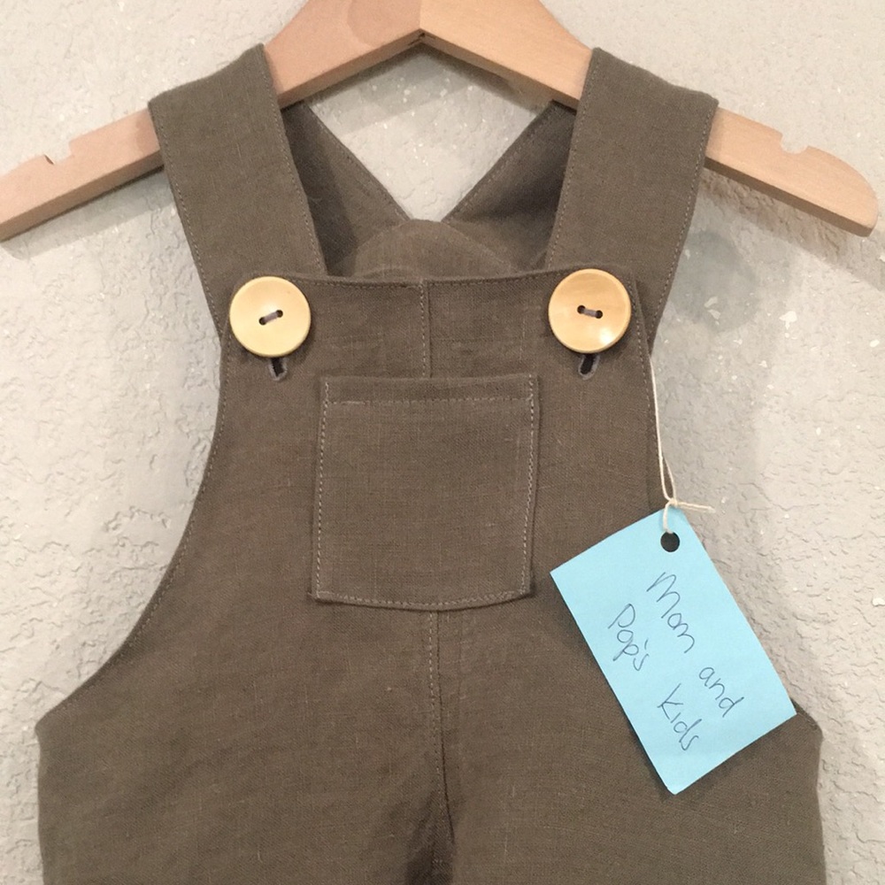 Overalls 100% Linen Baby 6M Green Designer Minimalist Unisex Mom and Pop’s Kids - Picture 2 of 9